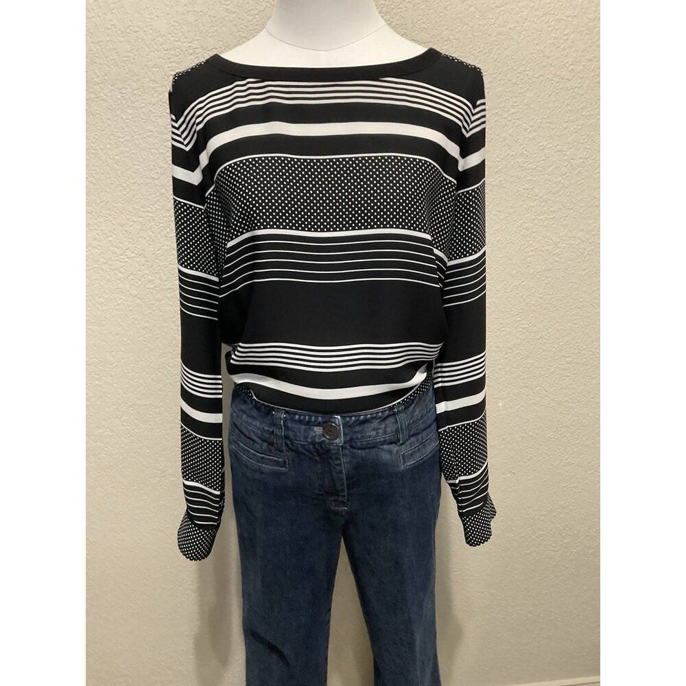 LOFT, Long Sleeve Blouse, Black With White Stripes And Dots, Size: M